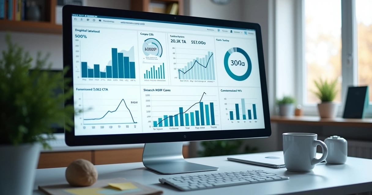 Gráfico com indicadores de campanha de tráfego pago em tela de computador 