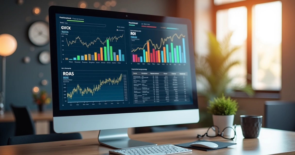 Computador com gráficos de desempenho digital mostrando métricas de ROI, CPC e CPA em tela detalhada 