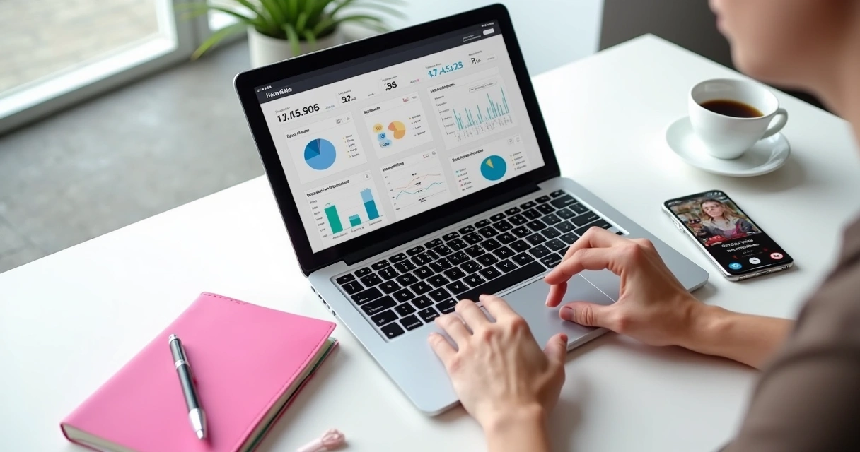 Notebook com painel de dados de campanha de influenciadora digital