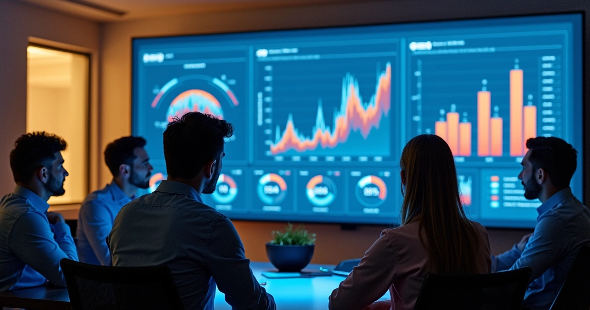 Equipe de hotel analisando resultados com gráficos grandes na parede 