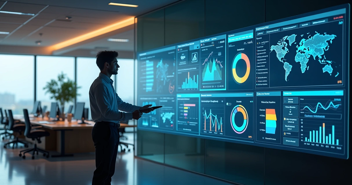 Profissional analisando painel de desempenho de IA corporativa em tela grande