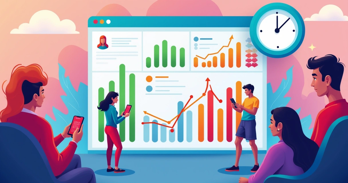 Dashboard displaying colorful engagement metrics with charts and graphs analyzing social media performance.