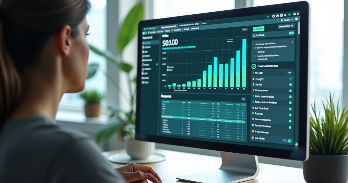 Profissional analisa painel de desempenho SEO em site institucional