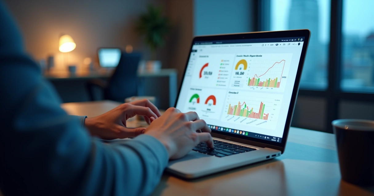 Gráficos de desempenho e métricas do site WordPress na tela de notebook.