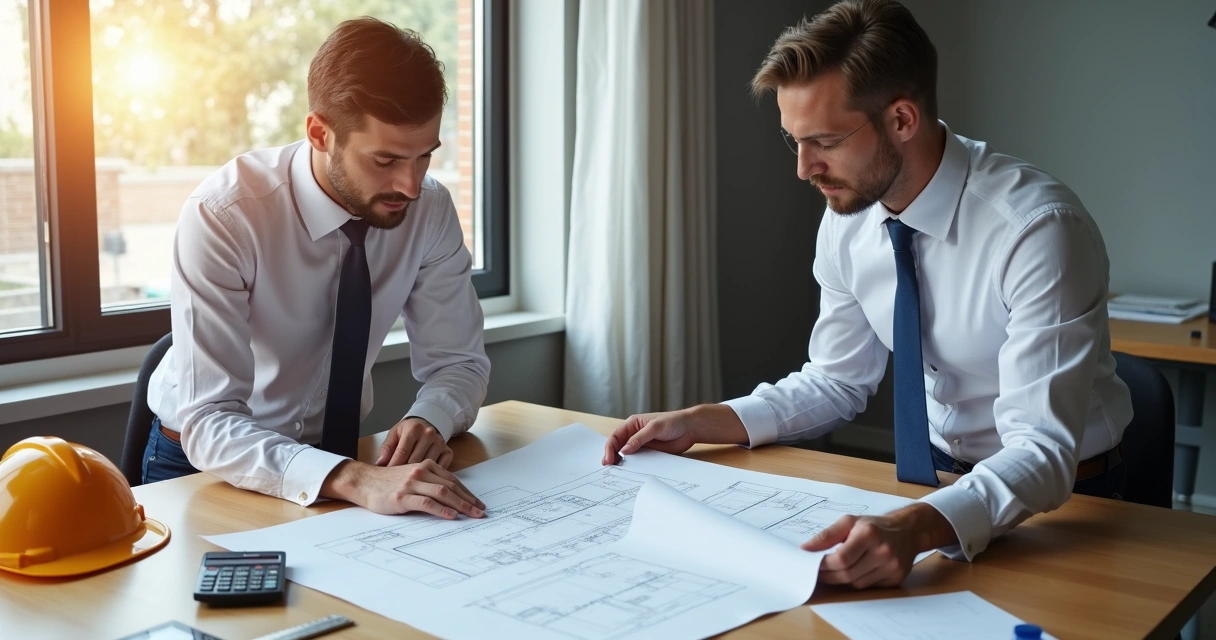 Dois profissionais analisando planta de projeto de construção em cima de uma mesa 