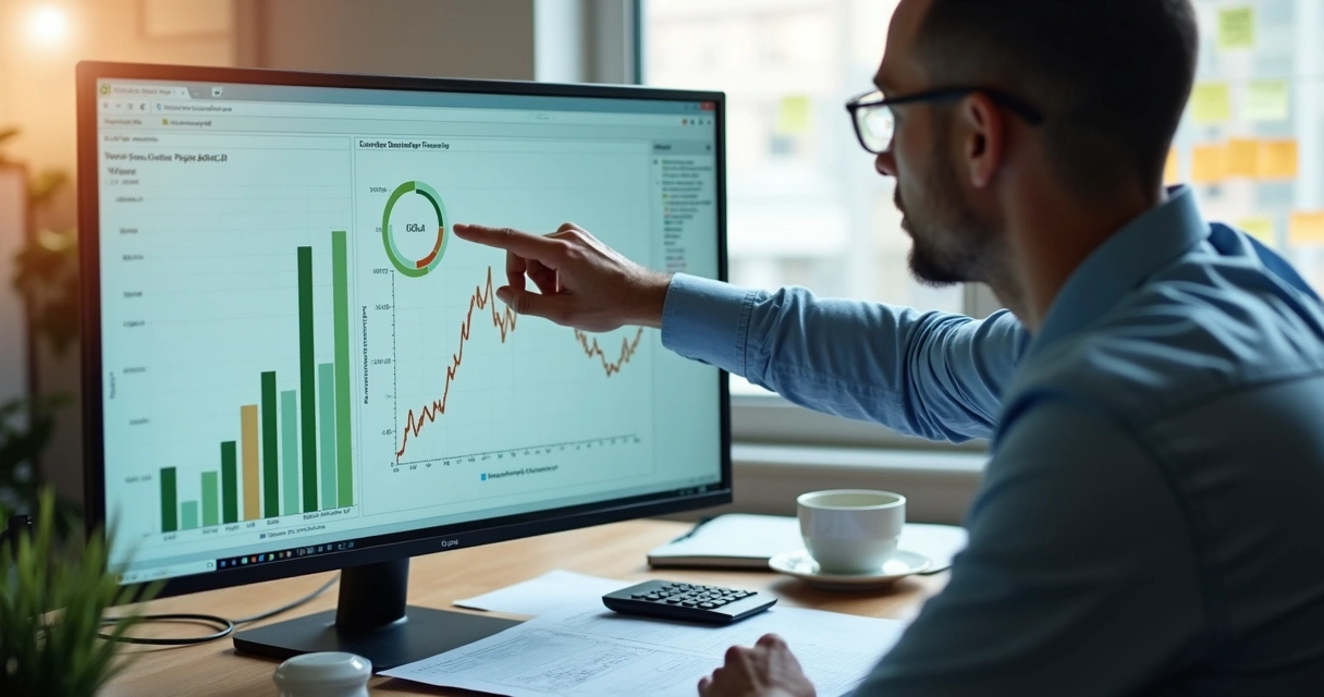 Profissional analisando gráficos financeiros em um escritório moderno 