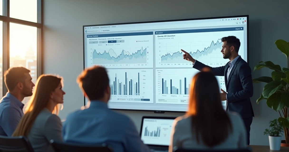 Pessoa de negócios analisando gráficos em tela grande e apontando para dados anômalos 