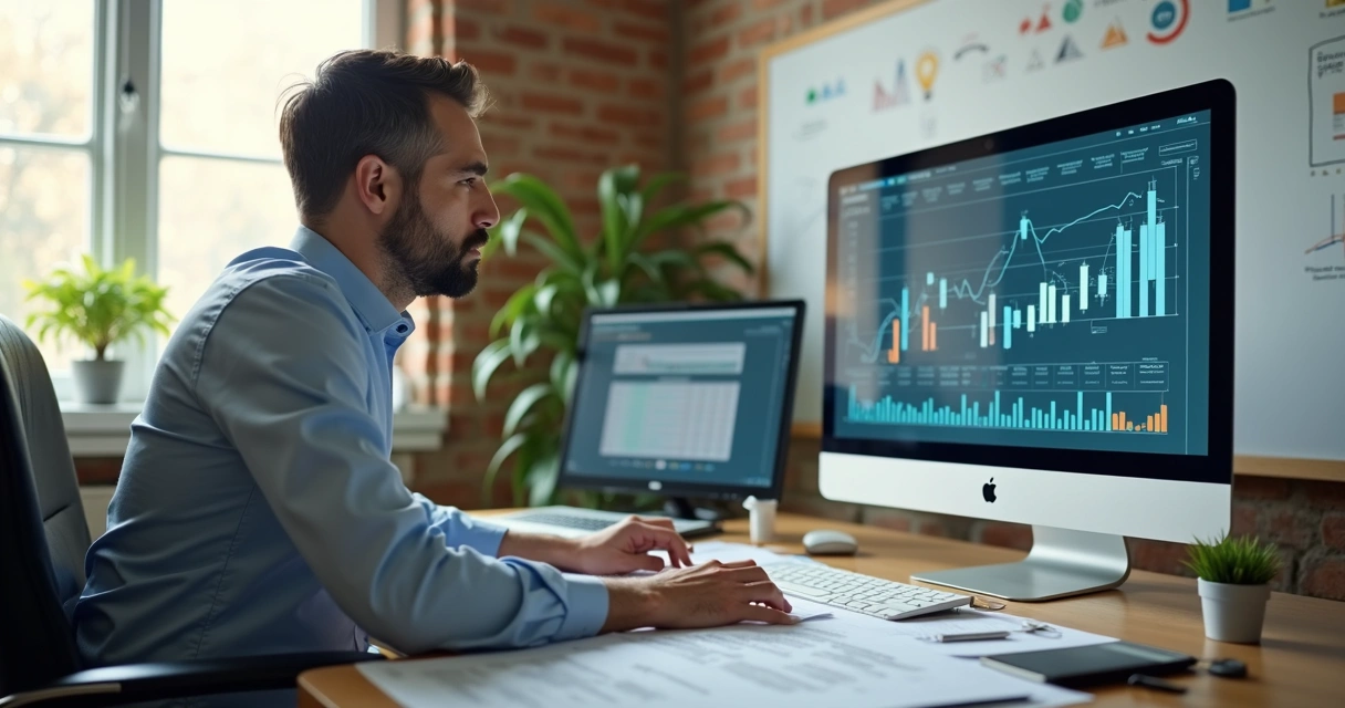 Pessoa analisando gráficos financeiros no computador 