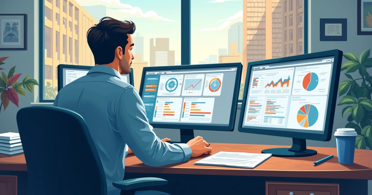 Consultor analisando gráficos e cenários políticos em monitores ao lado de relatórios e café 