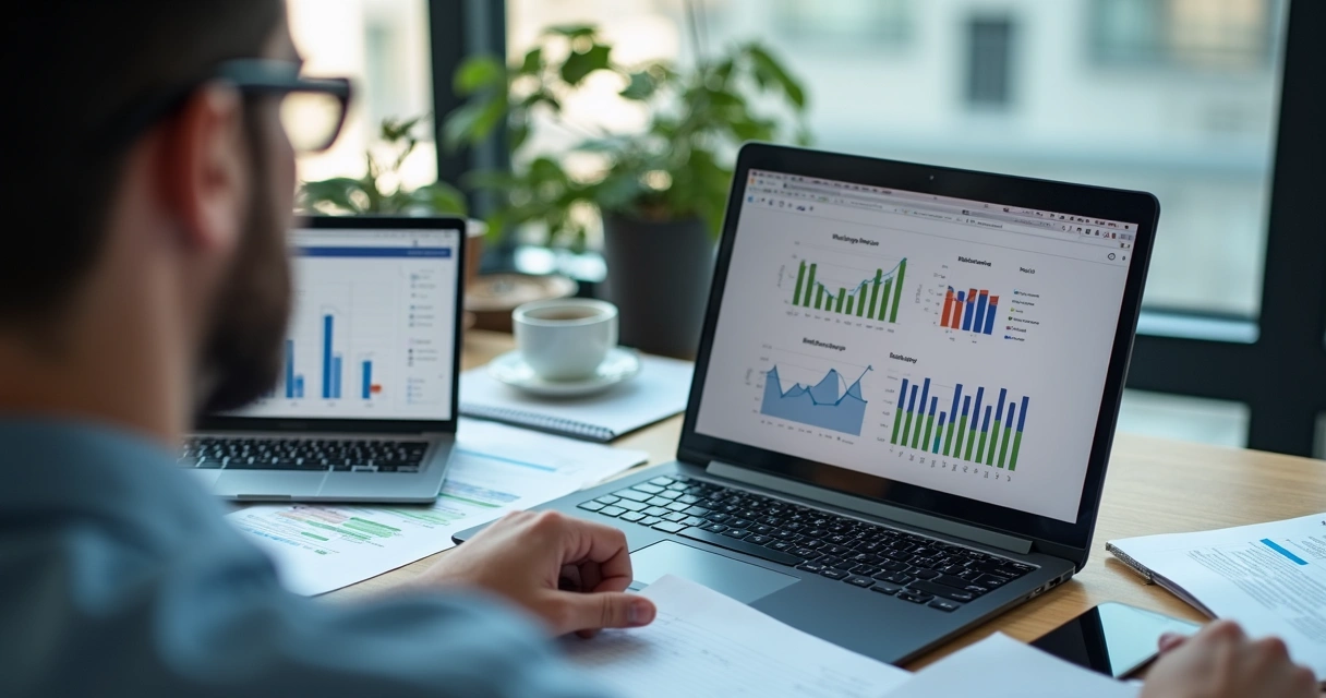 Profissional analisando métricas de SEO em um notebook 