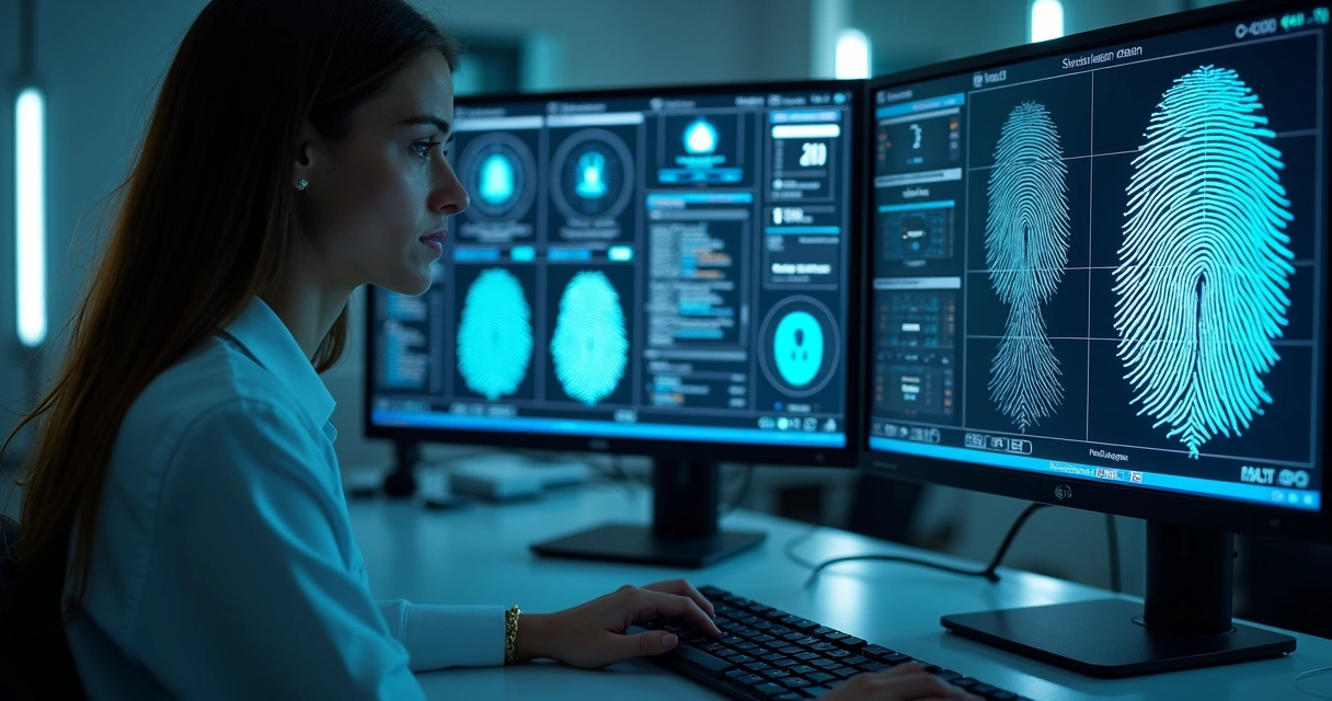 Especialista analisa dados digitais biométricos em duas telas em ambiente de perícia 