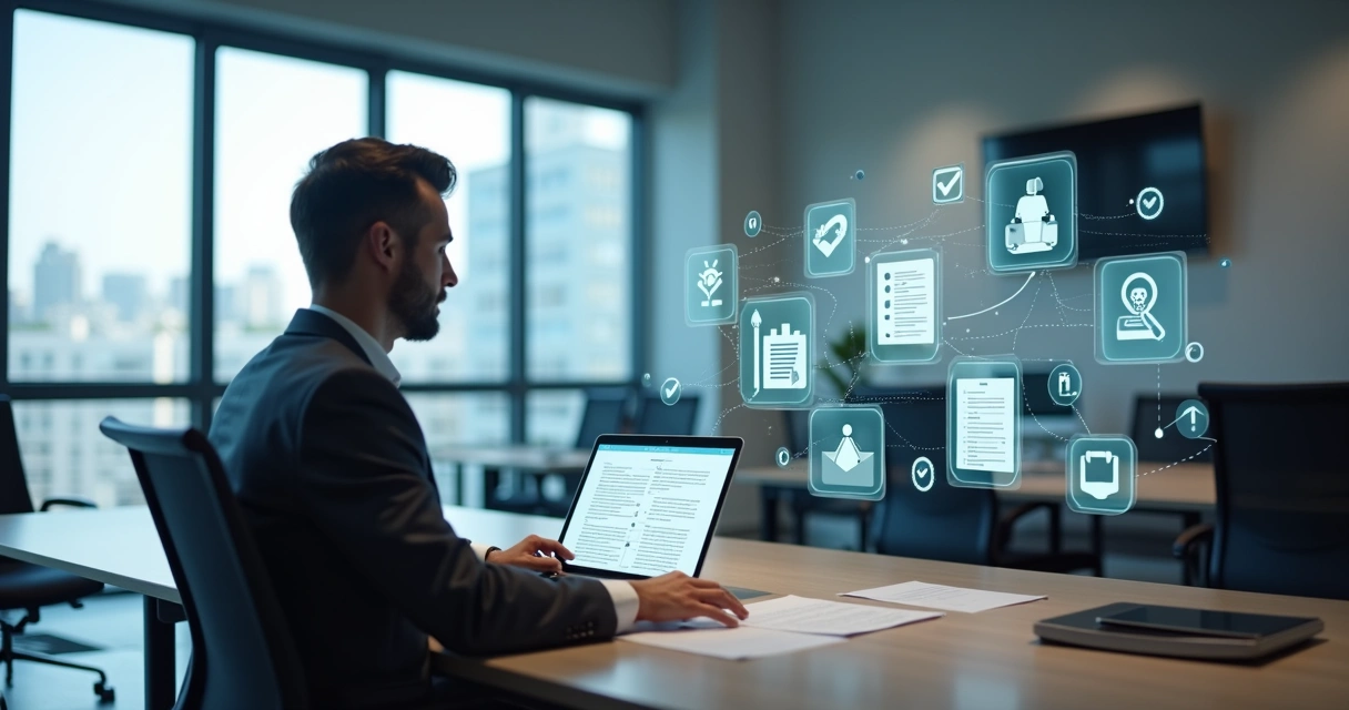 Profissional revisando contratos digitais em um notebook em ambiente corporativo 