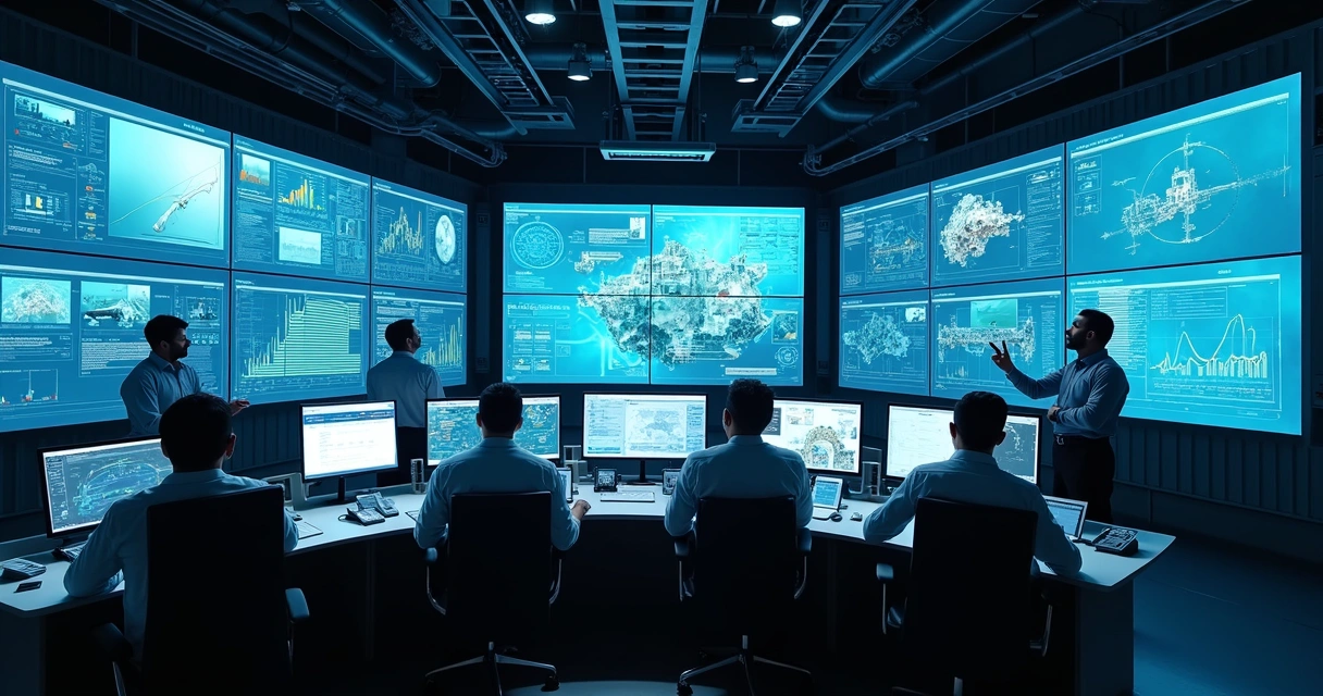 Engenheiros analisando dados industriais em telas digitais em sala de controle 