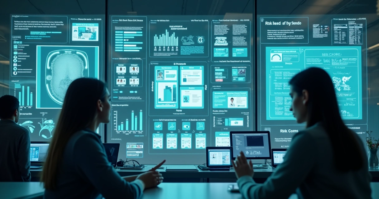 Ilustração de um ambiente digital, com um painel analisando documentos digitais e gráficos de risco. 