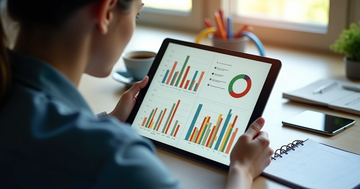 Pessoa freelancer analisando gráficos financeiros em tablet