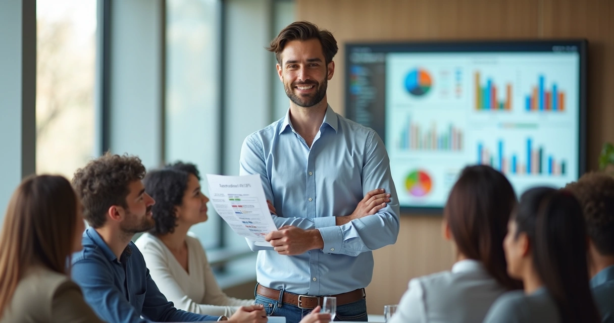 Líder segurando relatório comportamental diante de equipe diversificada 