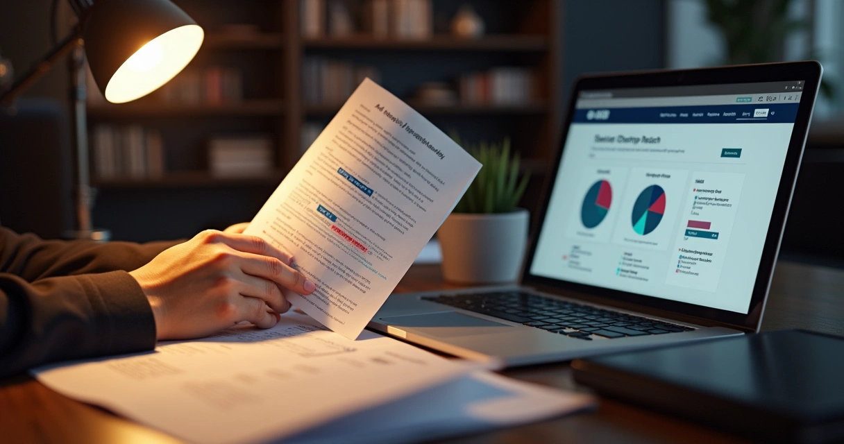 Pessoa analisando folha com gráficos e frases de discurso político
