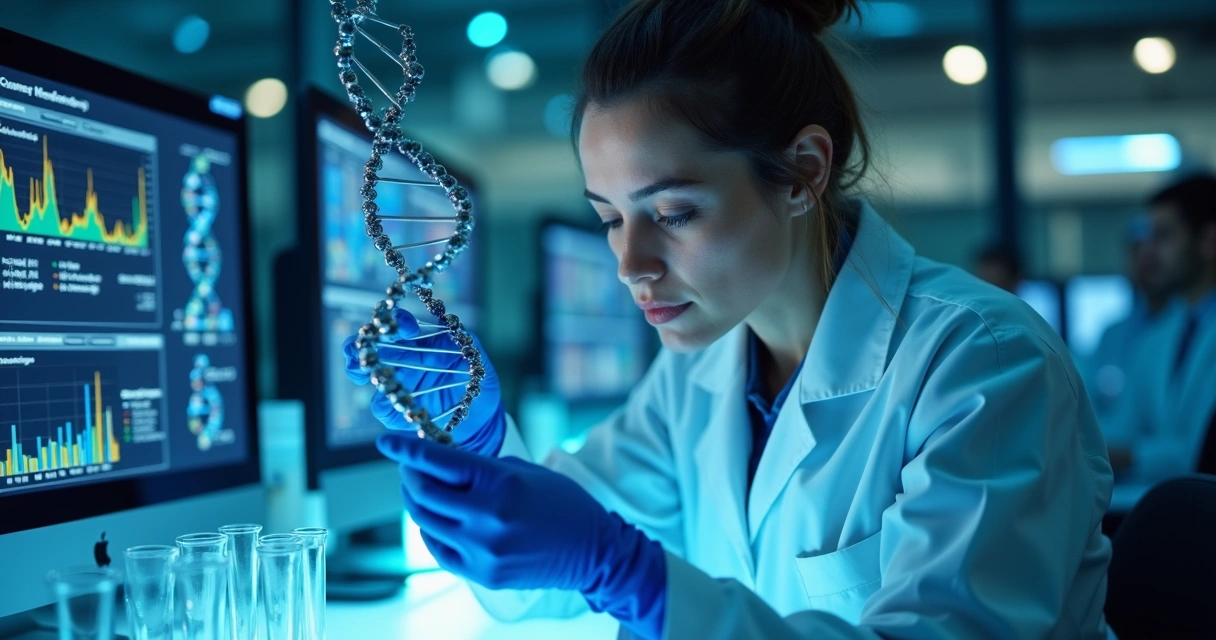 Técnico avaliando fita de DNA em laboratório 