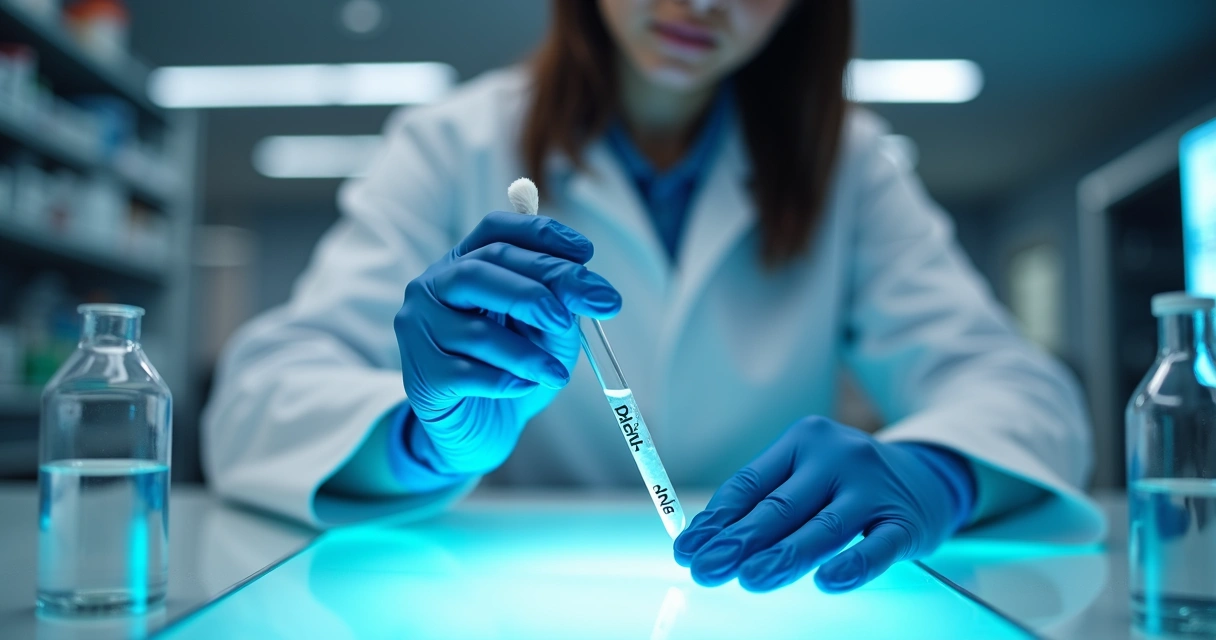 Cientista manipulando swab em laboratório forense com tubos de ensaio, luzes azuis e mesa branca. 