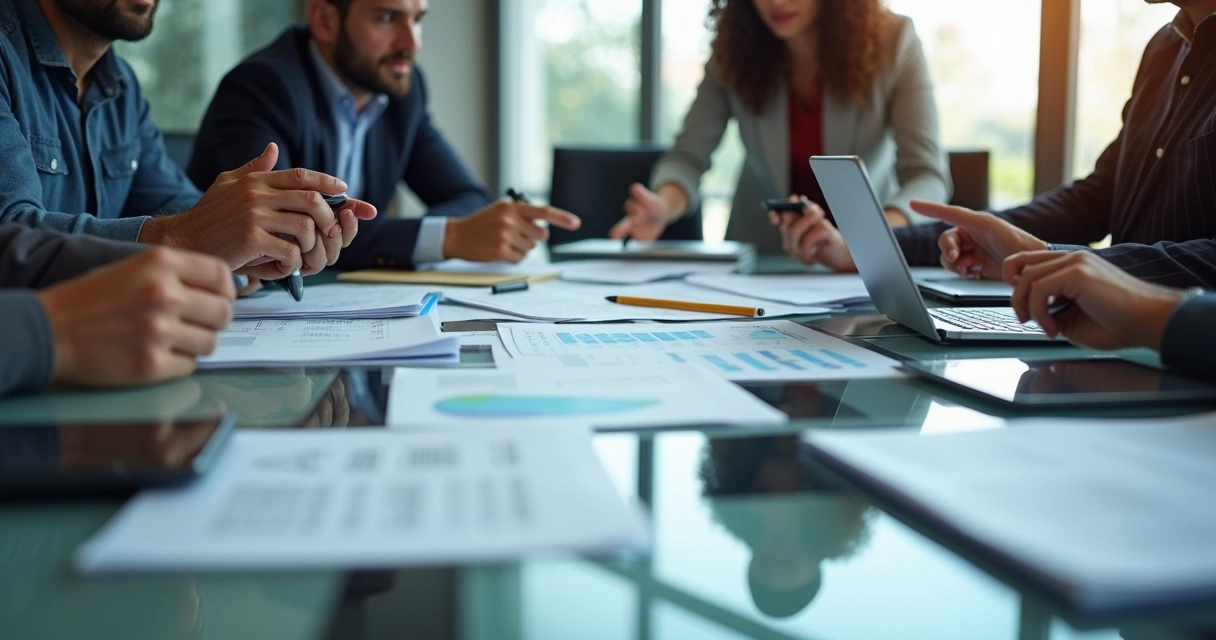 Equipe analisando documentos e planilhas fiscais digitais 