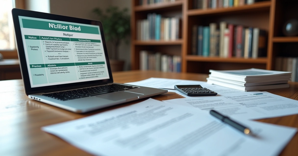 Mesa com documentos imobiliários espalhados, laptop exibindo análise de editais e calculadora financeira ao lado 