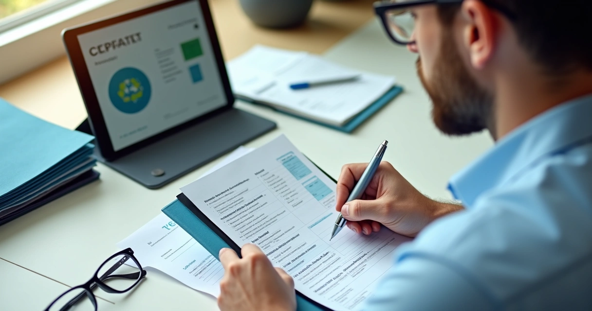 Contador analisando documentação de reciclagem 