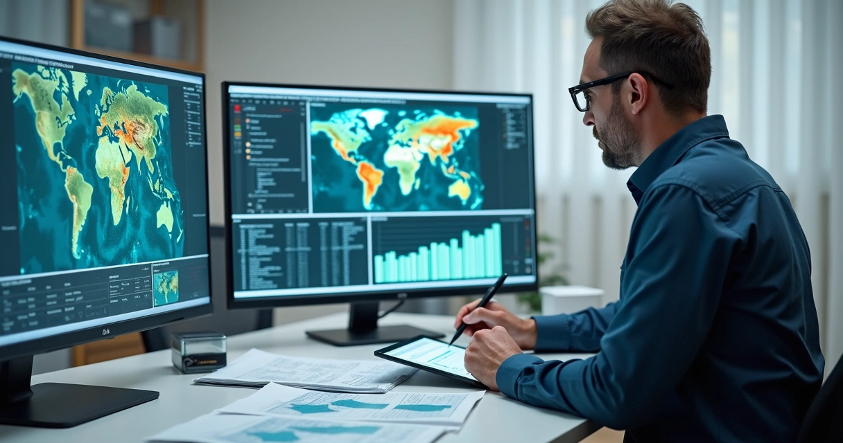 Técnico ambiental analisando dados digitais e gráficos em tela 