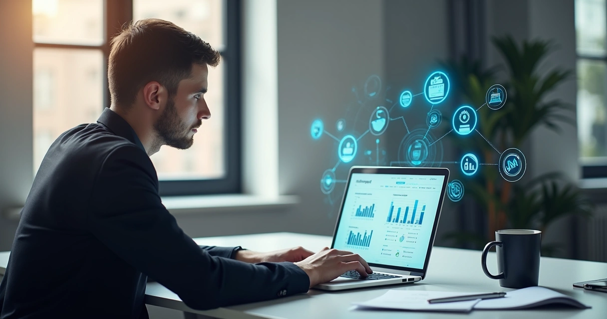 Pessoa usando notebook para analisar dados de fornecedores em plataforma digital