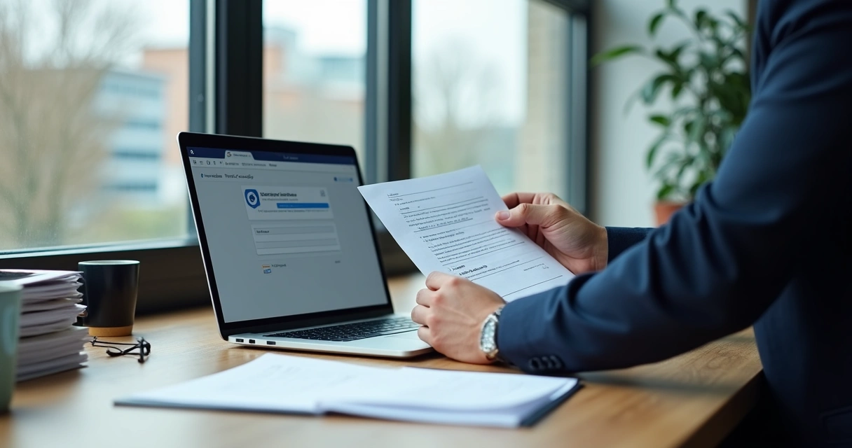 Pessoa analisando pilha de documentos digitais e físicos em mesa de escritório 