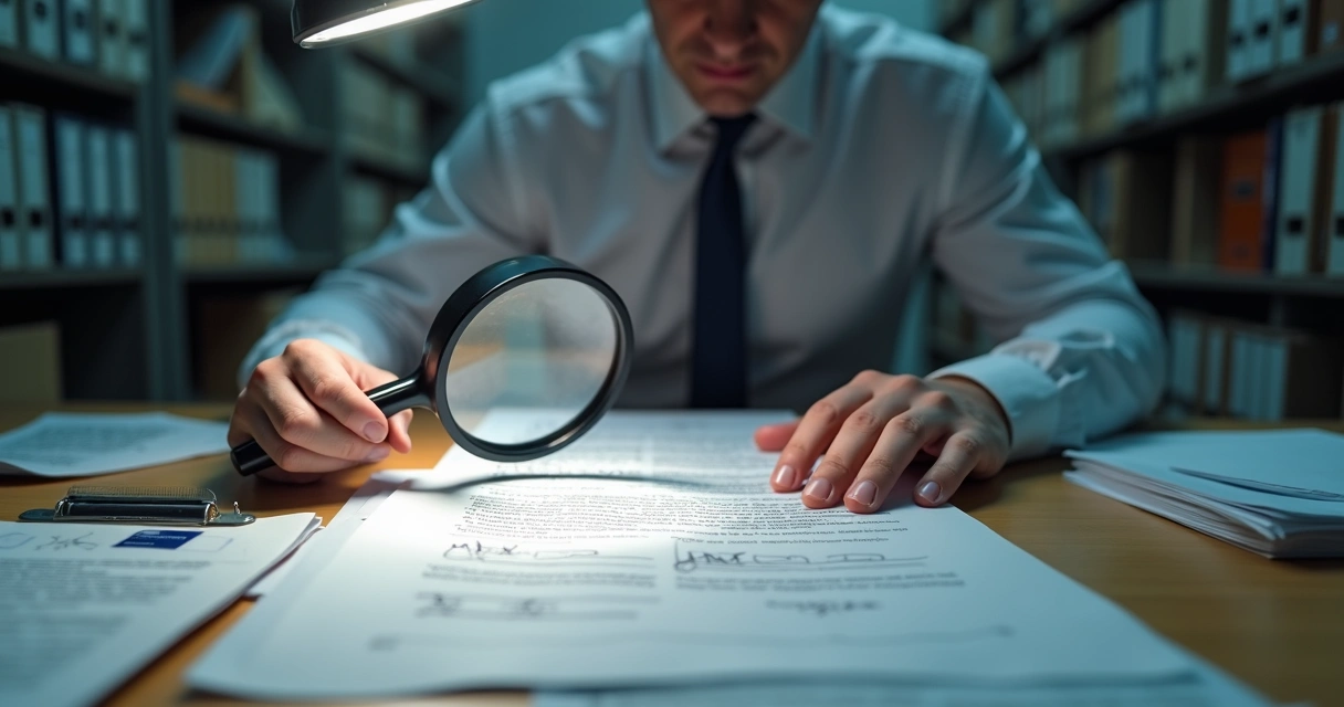 Perito examinando documento com lupa e luz forense 
