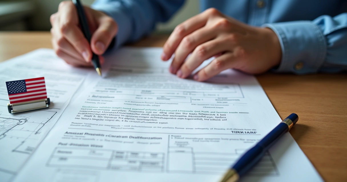 Pessoa examinando documentos imobiliários americanos em uma mesa de madeira 