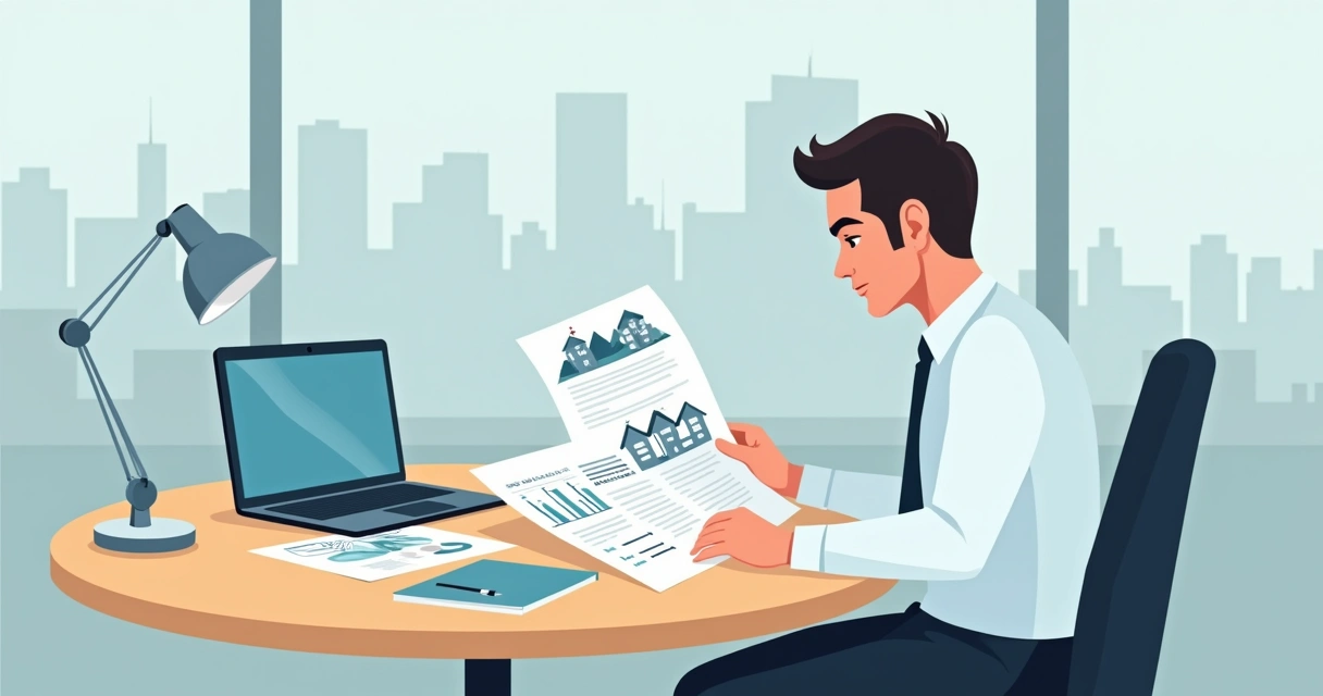 Profissional analisando documentos de imóvel em mesa de reunião 