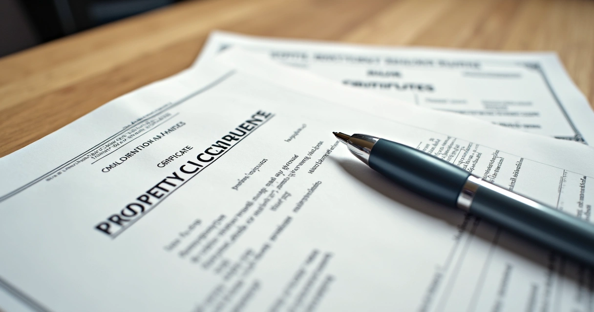 Pilha de documentos de imóvel em mesa de madeira clara, caneta ao lado, mostrando análise cuidadosa 