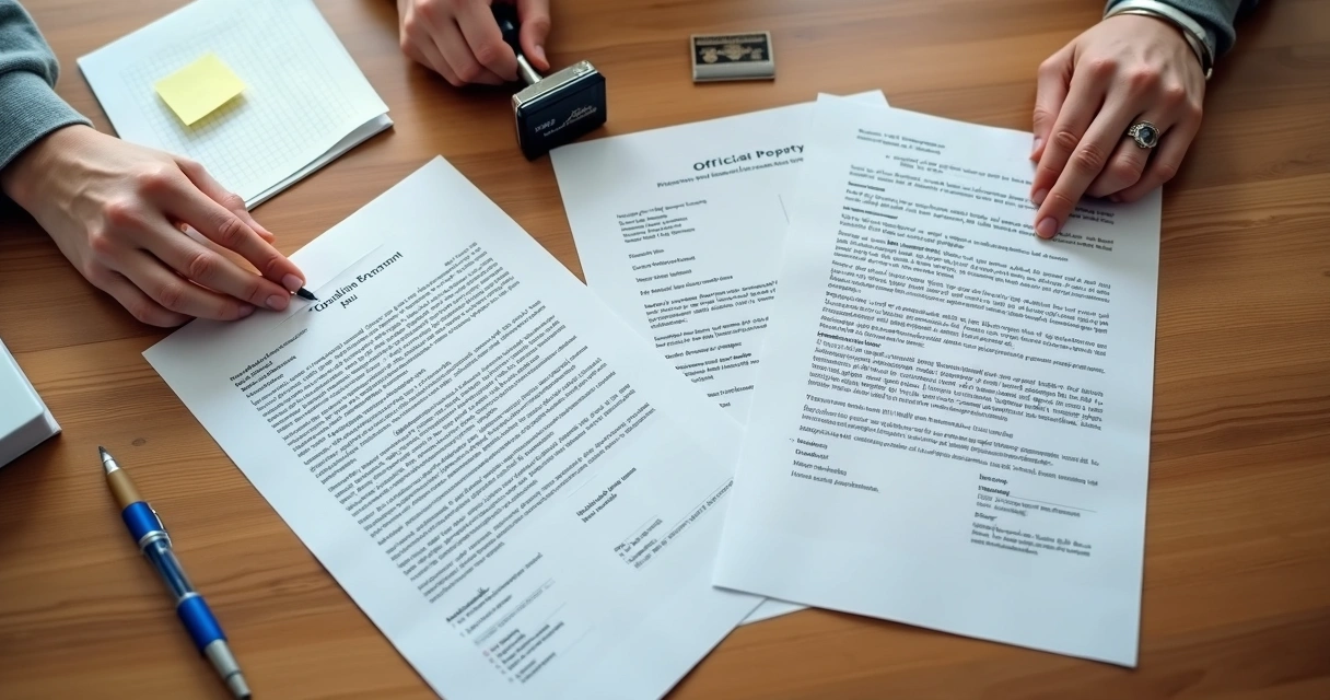 Mesa com diversos documentos de imóvel, carimbo e caneta 