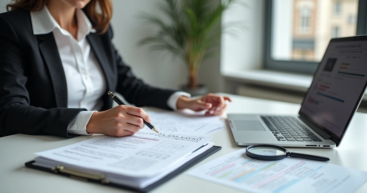 Mulher conferindo documentos e matrícula de imóvel 