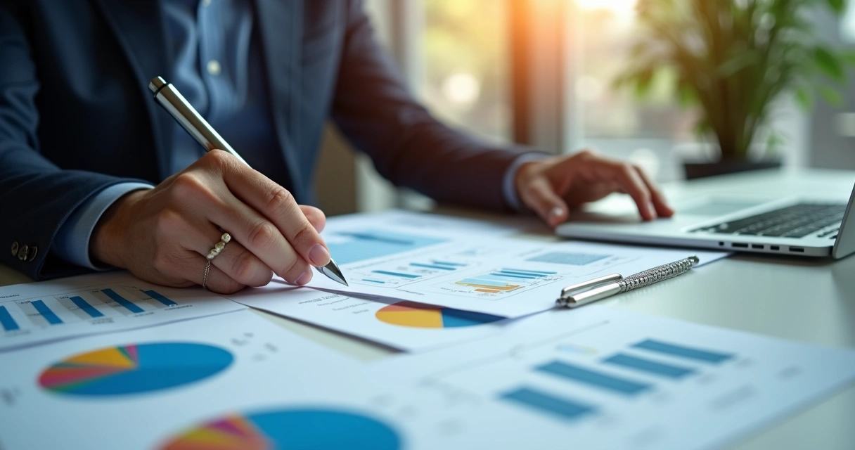 Profissional analisando documentos fiscais com gráficos e computador ao fundo