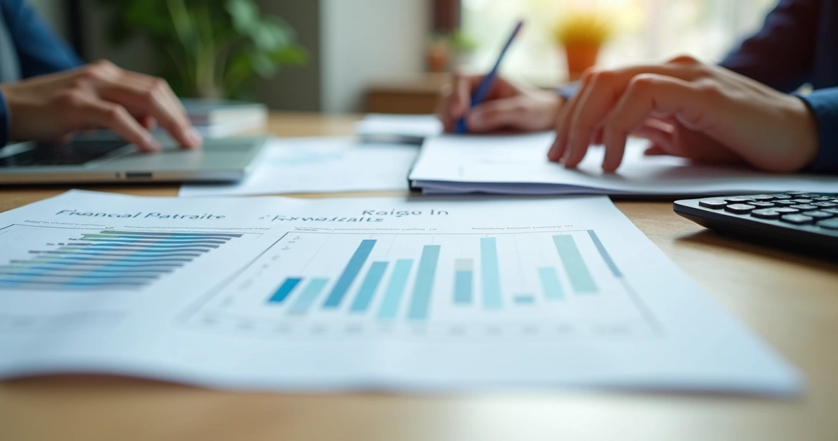 Documentos analisados sobre uma mesa com gráficos e um laptop