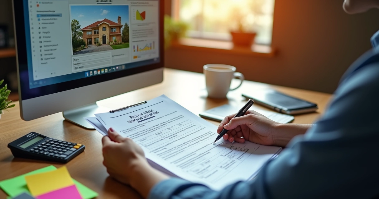 Pessoa analisando matrícula de imóvel ao lado de tela com resumo digital 