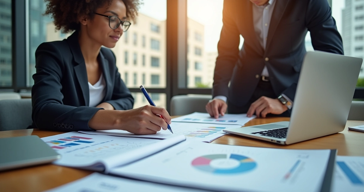Profissionais analisando documentos empresariais em uma mesa com laptops, gráficos e papéis.
