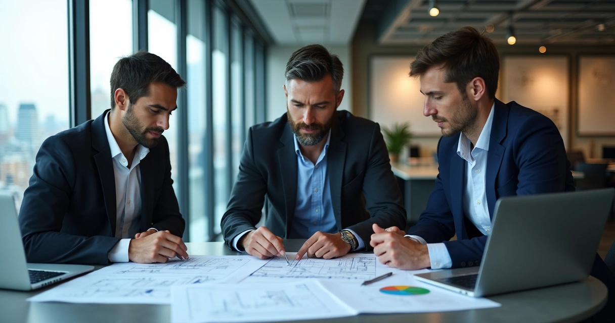 Equipe avaliando documentos de perícia em mesa de escritório 
