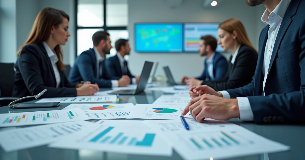 Equipe avaliando documentação de projetos com destaque para orçamento detalhado
