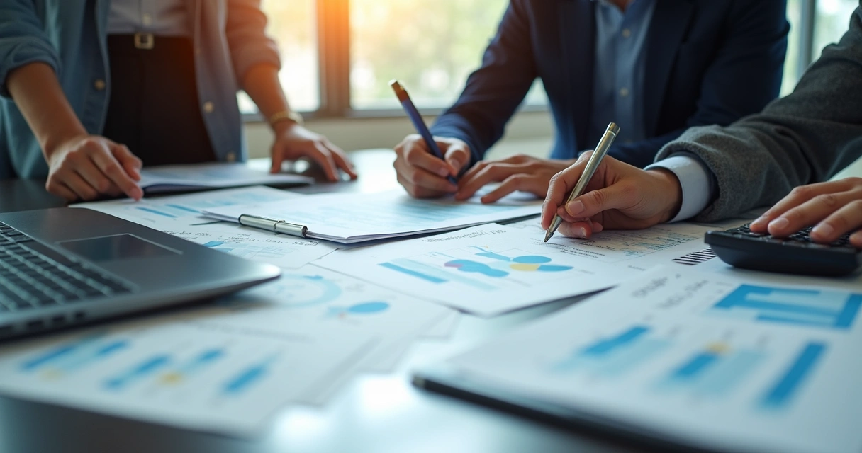 Equipe analisando documentação e propostas para licitação 