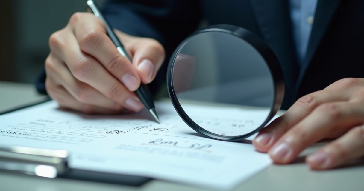 Perito analisando assinatura manuscrita em documento com lupa e luz especial 