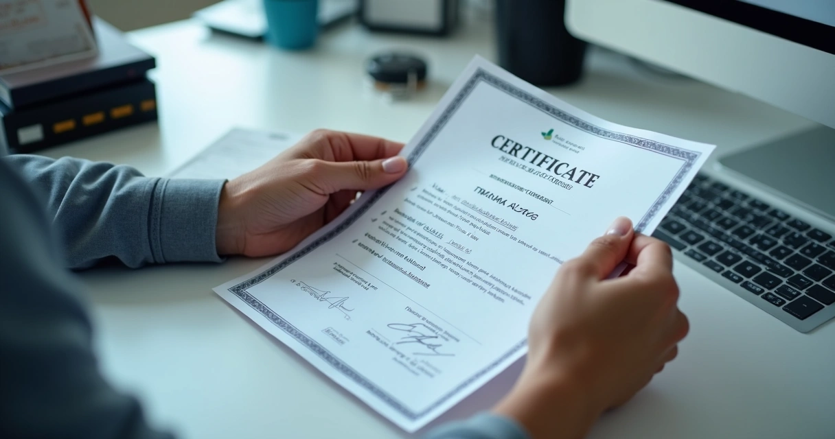 Pessoa analisando certificado impresso e tela de verificação