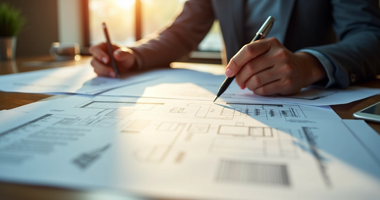 Pessoa analisando um laudo de engenharia com caneta na mão e documentos em cima da mesa 