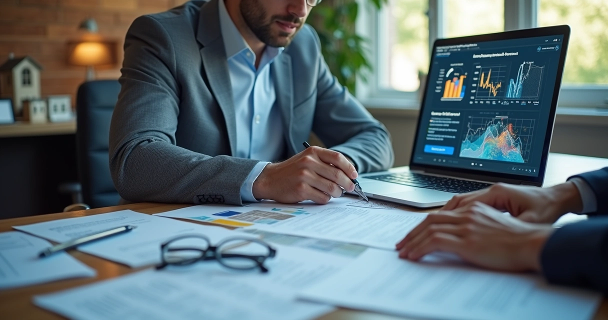 Analista imobiliário com documentos, computador e gráficos de IA na tela 