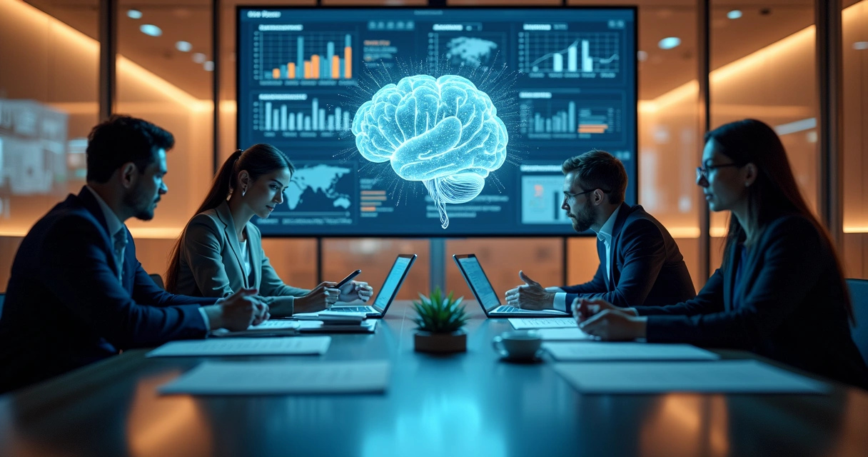 Reunião de profissionais analisando documentos digitais com IA 