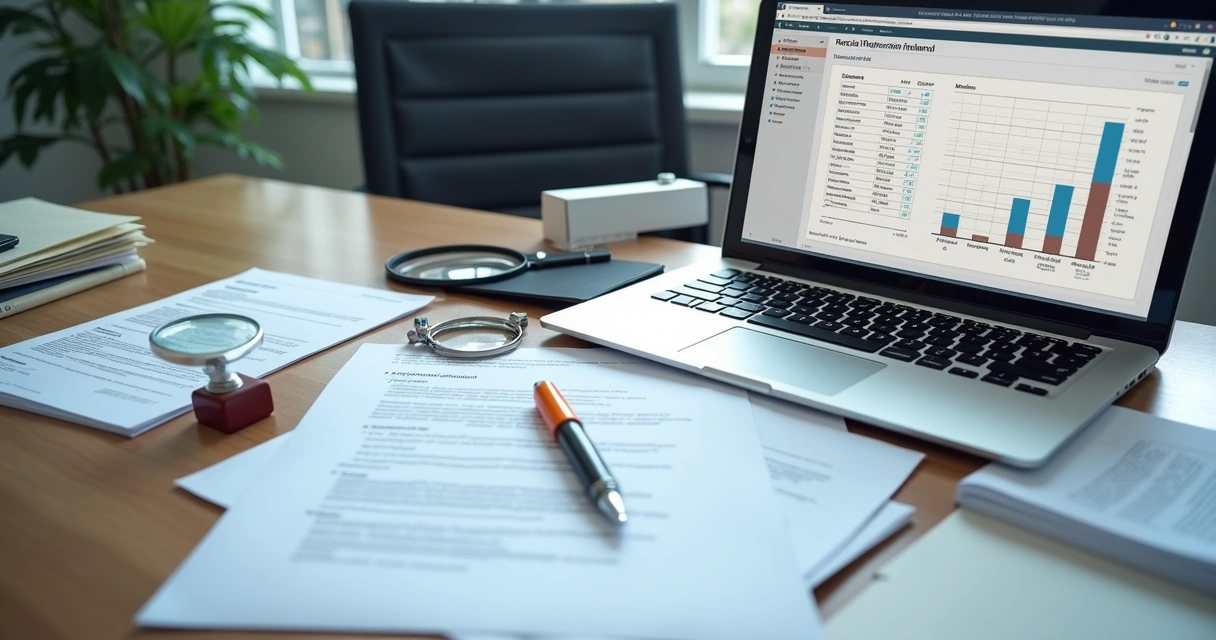 Documentos e laptop em análise regulatória 