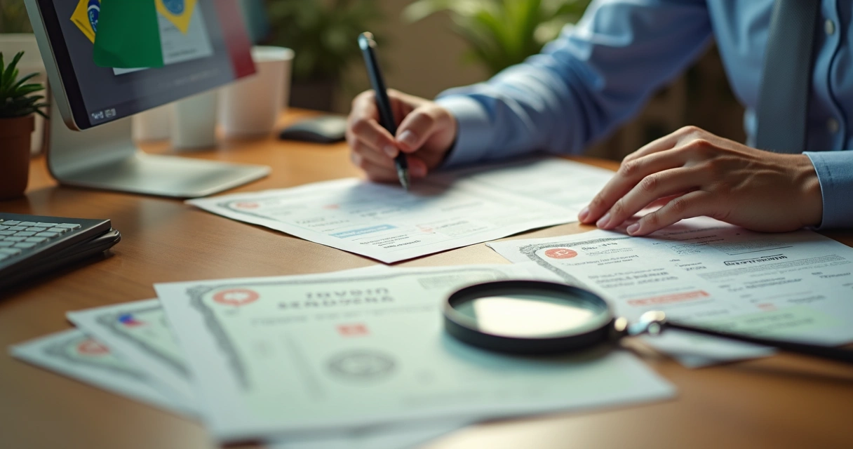 Pessoa analisando certidões para cidadania italiana em uma mesa com lupa e bandeira da Itália ao fundo 