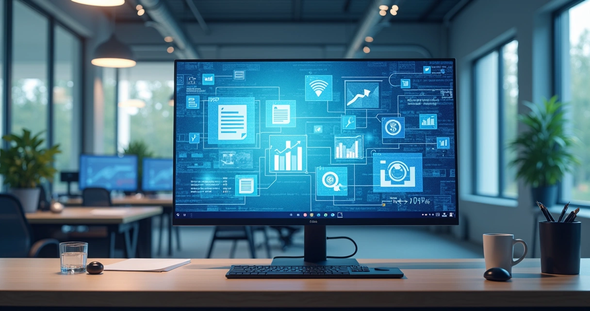 Computador analisando vários documentos e gráficos 
